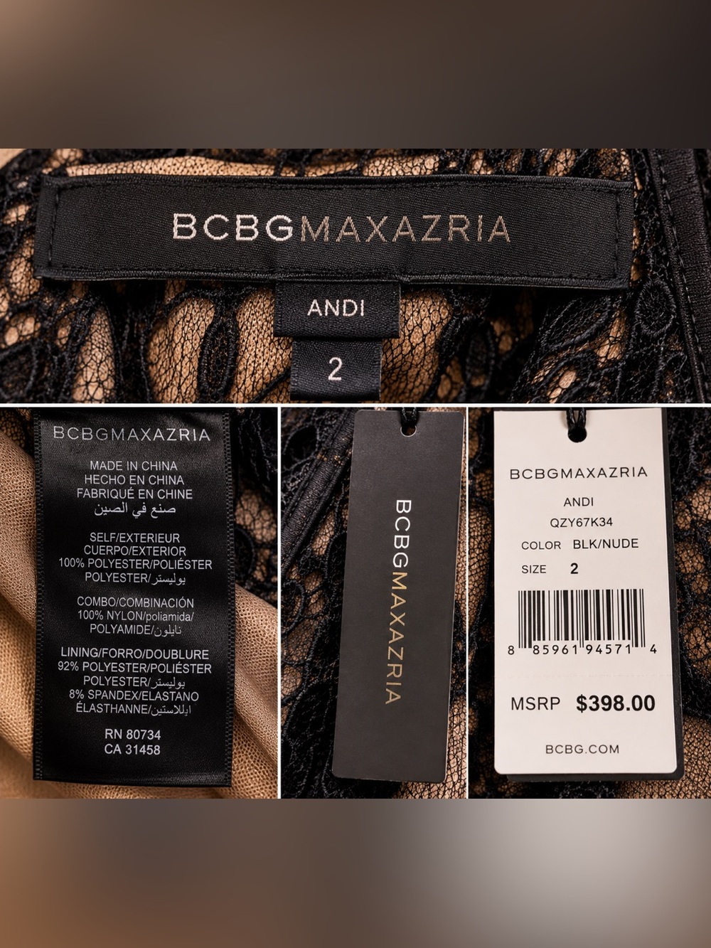 NWT BCBGMAXAZRIA Andi Black Nude Lace Asymmetrical Gown Size 2 - Picture 16 of 16